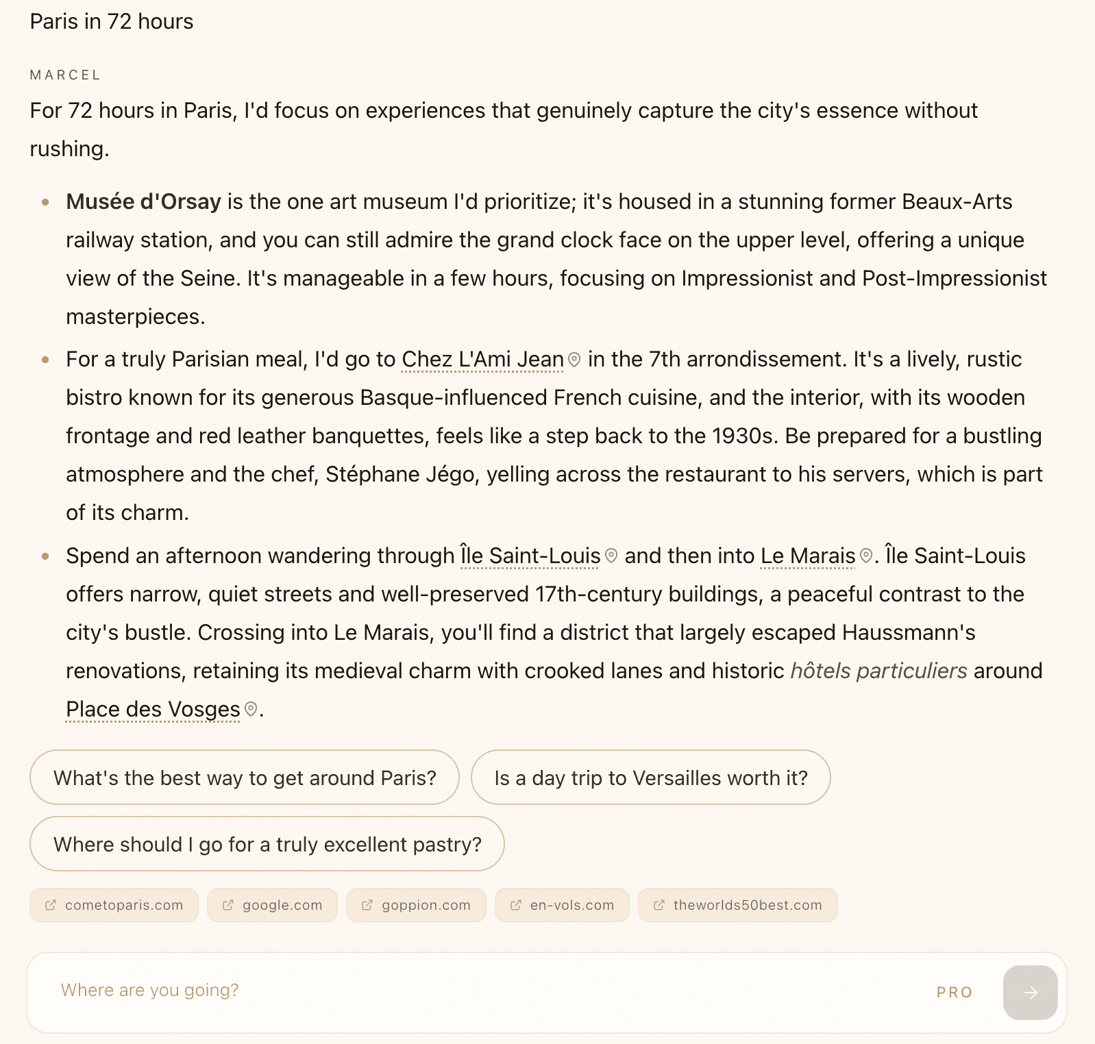 Le Fayaz chat response example for a 72-hour luxury itinerary